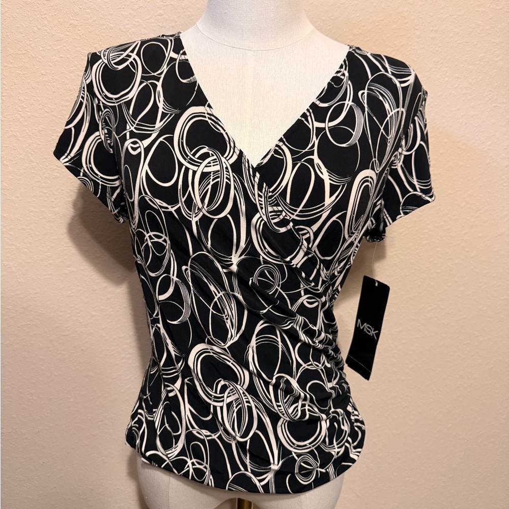 NWT Deadstock Vintage MSK Black and White Swirl Patterned Shoulder Pads Top